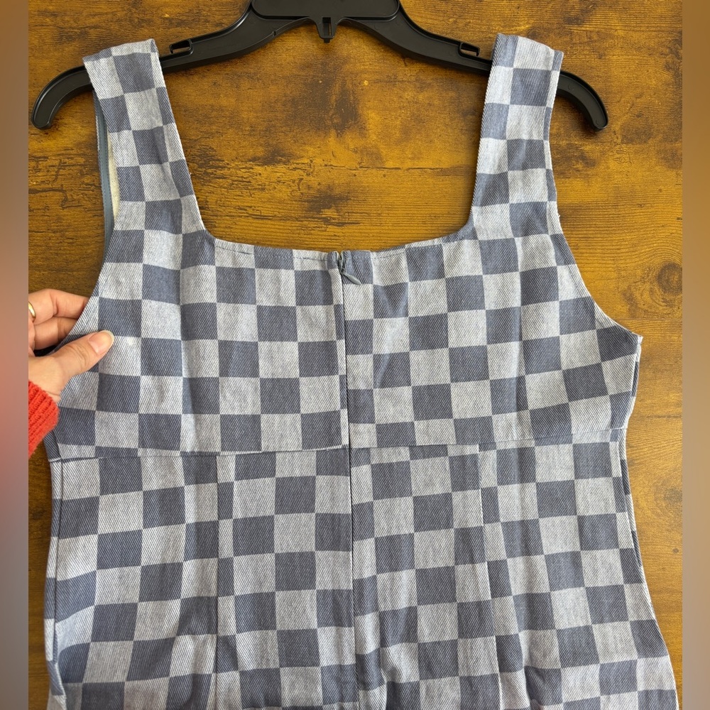NWT Blue Blush Denim Checkered Mini Dress Size Large Square Neckline Sleeveless - Picture 9 of 9